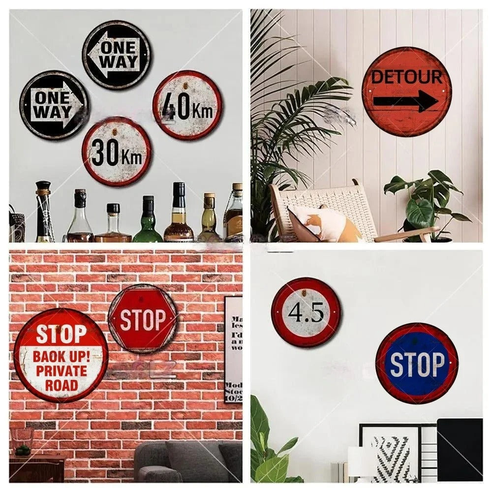 STOP Warning Round Garage Vintage Metal Sign | Each Plate
